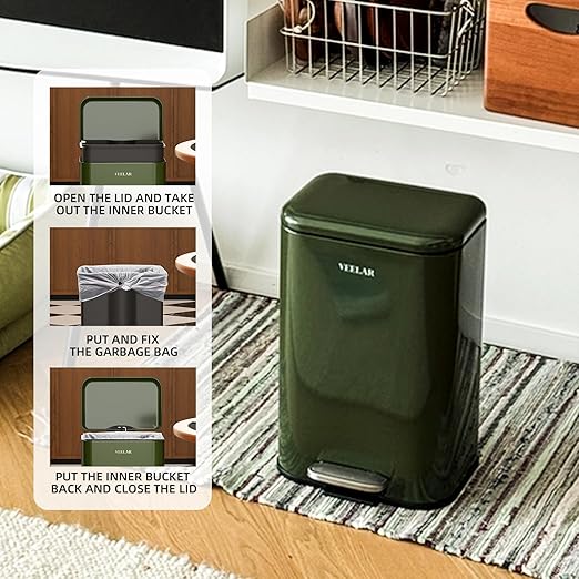 Kitchen 3.5 Gallon (13 L) Trash Can - Stainless Steel Garbage Bin with Foot Pedal, Recycling Bin with Lid for Livingroom Office Bathroom (Green)