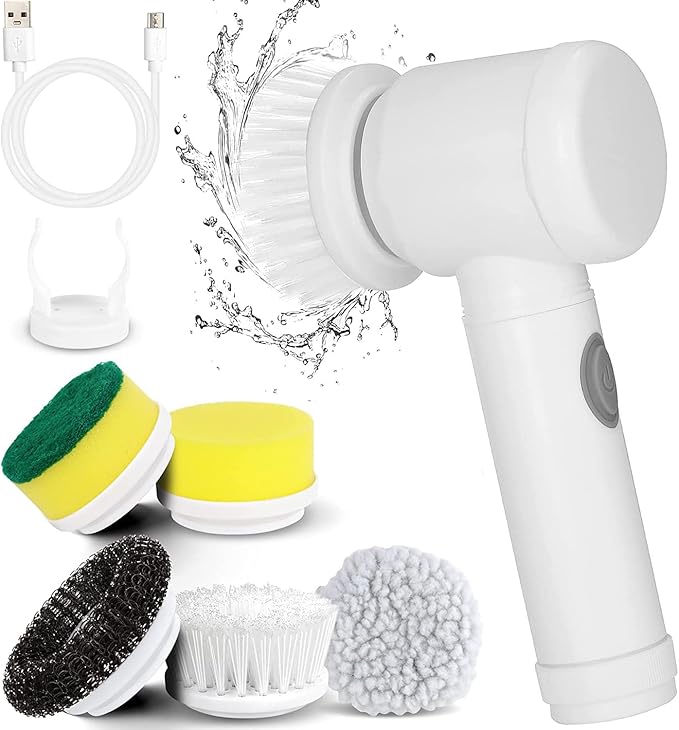 Electric Spin Scrubber, Waterproof Electric Cleaning Brush with 5 Replaceable Brush Heads, Rechargeable Scrub Brush Bathroom Shower Scrubber Cleaning Tool for Bathtub Sink Tile Grout Stove Cooker Dish