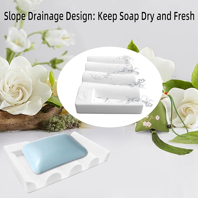 Silicone Soap Dish,Self Draining Soap Holder Perfect for Shower,Bathroom Sink,Kitchen Sink & Travel,Non-Slip Bar Soap Holder Extend Soap Life,Keep Soap Bars Dry Clean (White-2Pcs)