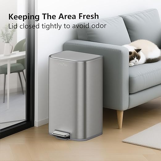 mVm 8 Gal Kitchen Trash Can, Step Trash Can with Lid, Smooth Edge Garbage Bin for Home Office (Tin)