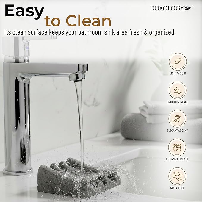 DOXOLOGY Gray Stone Marble Soap Dish Bathroom Organizer - Resin Soap Dish with Rectangular Design 3.7" L x 2.8" W - Self Draining Soap Dishes Keeps Countertop Neat - Marble Look Soap Tray for Sink
