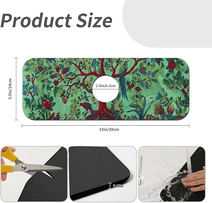 Kitchen Sink Splash Guard，Tree and birds Faucet Mat Sink Gadgets-Super Absorbent Fast Drying Mat Drip Catcher for Kitchen, Bathroom,Sink Mat, Dish Drying Mat, Bathroom(15" X 5.5" )