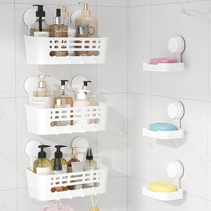 Lifewit Suction Cup Shower Caddy + Soap Dish, Removable Large Basket and Bar Soap Holder for Inside Shower, NO-Drilling Bathroom Kitchen Organizers, 26 x 17 x 14 cm/10 x 5 x 7 inch, Set of 3