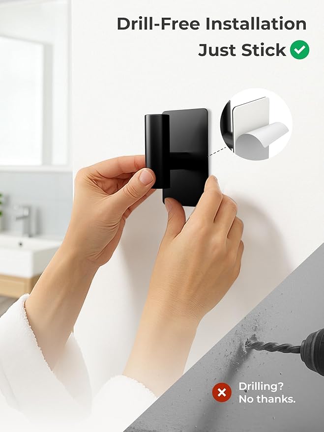 Towel Hooks for Bathrooms – 4 Pack, Matte Black Finish, T-Shaped Stainless Steel Adhesive Wall Hooks for Robes & Towels in Kitchen, Shower, or Closet