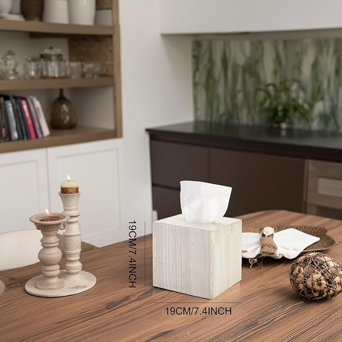 Natural Marble Tissue Box Holder Cover, Square Cube Tissue Box Holder with Open Bottom for Bathroom Vanity Tops, Bedroom Dressers, Kitchen Countertop, Gray Wood Grain (NS035)