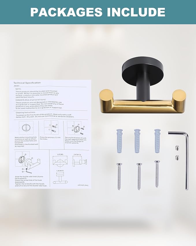 ALEASHA Shower Towel Hook Black Gold, Stainless Steel Towel Hanger, Heavy Duty Double Towel Hook, Towel Holder for Bathroom, Wall Mount Robe Hook