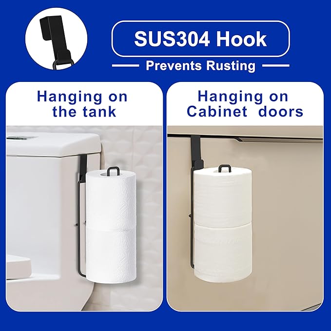 Black Toilet Paper Holder, Bathroom Toilet Paper Roll Holder with Reserve, Over The Tank Toilet Paper Holder with Storage, Bathroom Tissue Holder for 2 Rolls, 1PC