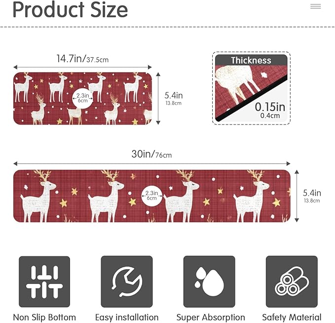 Kitchen Sink Splash Guard 2 PCS 30 Inch Sink Faucet Mat Splash Guard for Bathroom Countertop Water Absorbent Foldable Cuttable Soft Washable Red Christmas Reindeer Star Dots