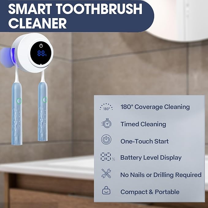 Toothbrush Sterilizer & Holder, Shmian Wall-Mounted Toothbrush Cleaner and Dryer for Bathroom and Travel, with LED Screen, Fits for Any Type Toothbrushes (White)