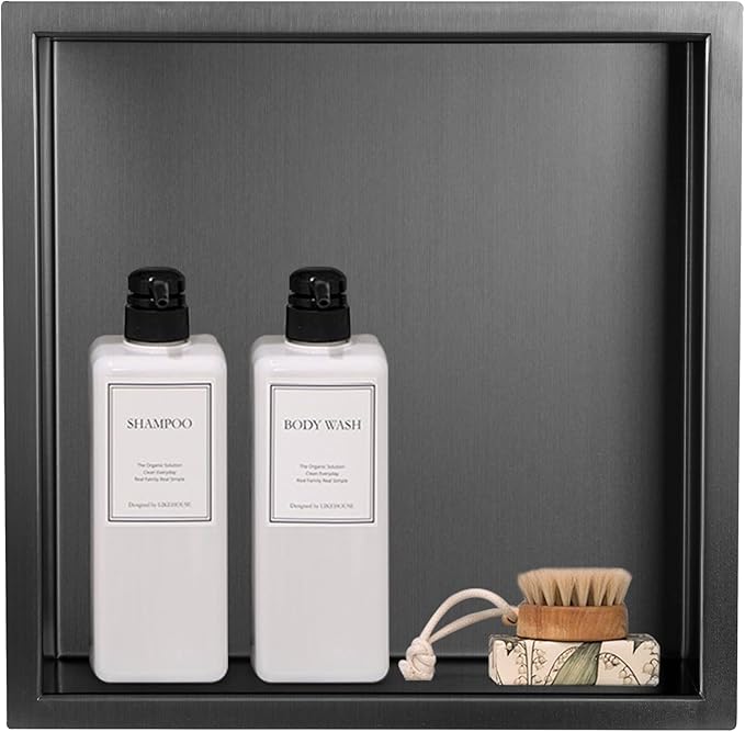12"×12" Shower Niche Brushed Stainless Steel, Recessed Shower Caddy, Bathroom Shelf Insert Fits for 11"x11" Wall Hole Installation (Light Black)