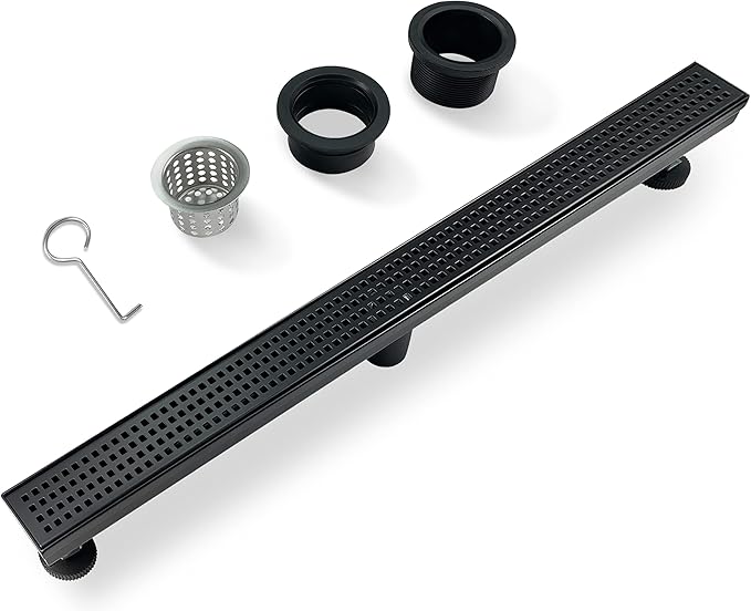 48 Inch Black Rectangular Shower Drain with Removable Quadrato Pattern Cover Grate Accessories and SUS304 Stainless Steel CUPC Certificate (48inch)