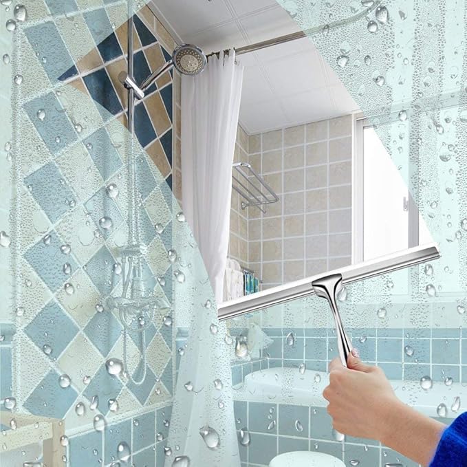 Shower Squeegees Stainless Steel Window Glass Wiper Cleaner Squeegee for Shower Door Bathroom Kitchen Car Mirror - with Suction Cup Hook Holder