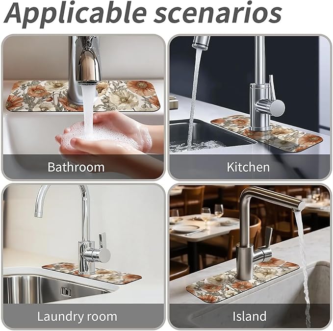 Kitchen Sink Splash Guard，orange and brown poppies Faucet Mat Sink Gadgets-Super Absorbent Fast Drying Mat Drip Catcher for Kitchen, Bathroom,Sink Mat, Dish Drying Mat, Bathroom(15" X 5.5" )