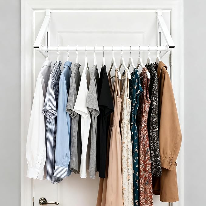 Over The Door Clothes Hanger Rack Foldable Space-Saving Over The Door Hooks for Laundry Drying Bathroom Towels & Home Office(White)