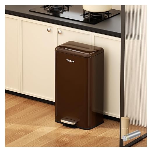 Kitchen Bathroom 8 Gallon Trash Can - Stainless Steel Garbage Cans with Foot Pedal, Recycling Bin with Lid for Office Bathroom Decor (Coffee, 30Liter / 8Gallon)