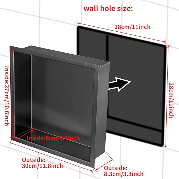12"×12" Shower Niche Brushed Stainless Steel, Recessed Shower Caddy, Bathroom Shelf Insert Fits for 11"x11" Wall Hole Installation (Light Black)