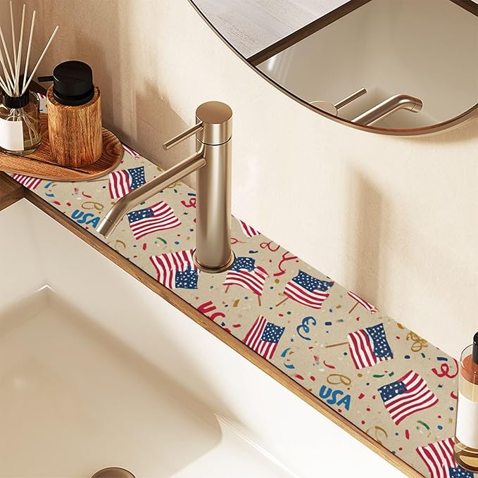 Kitchen Sink Splash Guard 2 PCS 14.7 Inch Sink Faucet Mat Splash Guard for Bathroom Countertop Water Absorbent Foldable Cuttable Soft Washable Brown Patriotic American Flags