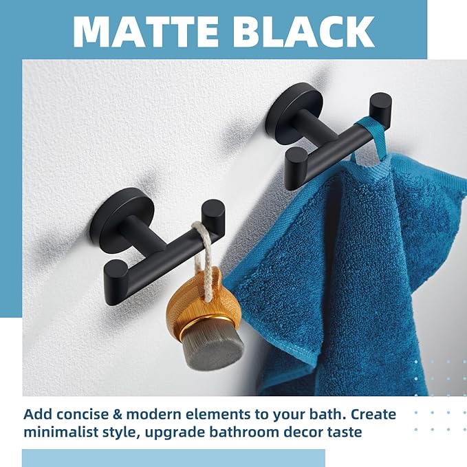 APLusee Matte Black Double Towel Hook 2 Pack, Stainless Steel Clothes Hook, Wall Mounted