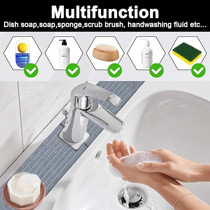 Faucet Mat for Kitchen Sink, Stone Faucet Mat for Kitchen Sink Tray 17.71*3.94*0.35in Square Hole Prevents Moisture Buildup Suitable for Bathroom Countertop Faucet Around Sink Light Gray