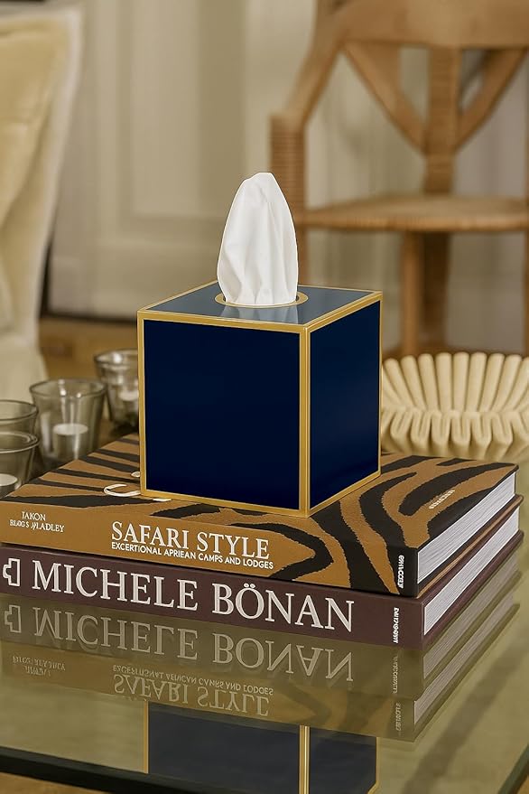 Jaye’s Studio Decorative Tissue Box Holder Square – Indigo Blue Tissue Box Cover Gold Tissue Holder for Bathroom Accessories Countertop, Farmhouse Bedroom Decor, Office Metal Tissue Box Covers Cube