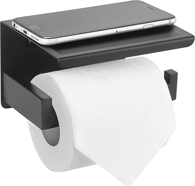 HITSLAM Matte Black Toilet Paper Holder with Shelf & 4 Towl Sticky Hooks, Self-Adhesive or Screw Mount Toilet Paper Roll Tissue Holder, SUS 304 Stainless Steel, Rustproof for RV& Bathroom Home