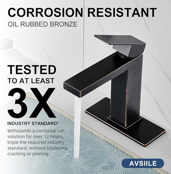 Oil Rubbed Bronze Bathroom Faucet, Single Hole Vanity Bath Faucet, Single Handle Modern Stainless Steel Bathroom Faucets for Sink 1 Hole with Pop Up Drain Stopper & Water Supply Hoses