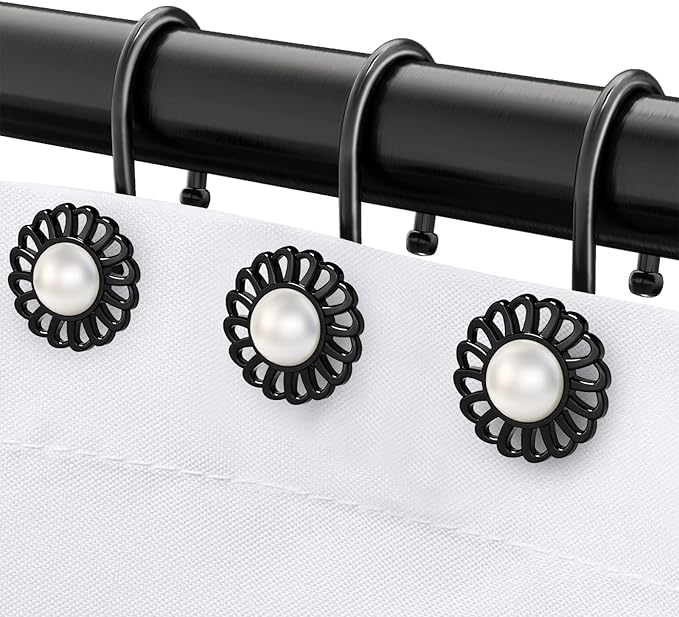 Black Sunflower Shower Curtain Rings and Hooks, Set of 12 Metal Rings and Hooks, Floral Pearl Finish, Matte Black