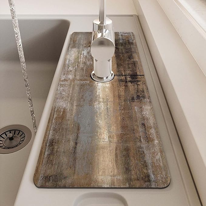 MCALK Dark Brown Kitchen Sink Faucet Mat Splash Guard, Absorbent Quick-Dry Kitchen Sink Mat - Ideal for Splash Guard & Drip Catching with Abstract Art Decor( 1pc 15"x5.5")
