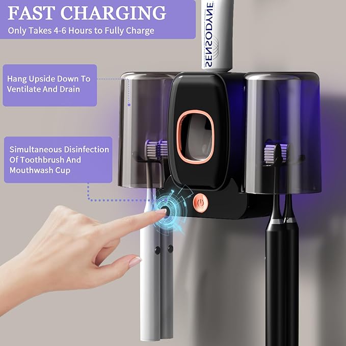 Toothbrush Holders for Bathrooms,Rechargeable Cordless Wall Mounted Tooth Brushing Holder,Electric Toothbrush Holder with 2 Cups,4 Toothbrush Slots,Toothpaste Dispenser (Black)