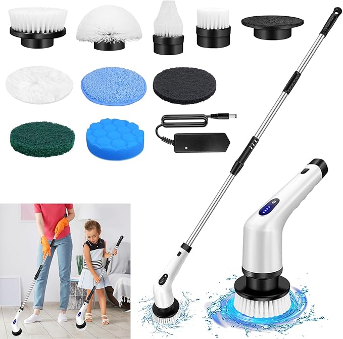 Electric Spin Scrubber Bathroom Cordless Shower Cleaner Brush, 9 in 1 Electric Cleaning Brush, 320RPM Power Scrubber Cordless Rechargeable with Extension Arm for Kitchen Bathroom Tub Tile Floor