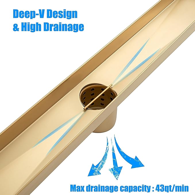 32 inch Linear Shower Drain with Removable Square Hole Panel by Using Brushed 304 Stainless Steel Process, Linear Drain Equipped with Adjustable Feet and Hair Strainer(Brushed Gold Color)