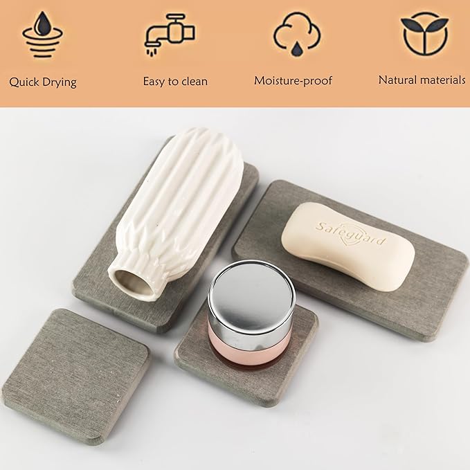 Water Absorbent Stone Tray for Sink, Quick-Drying Diatomite Soap Dish, Modern Home Kitchen & Bathroom, 2pcs 3.15 x 3.15in + 2pcs 6.3 x 3.15in, Grey