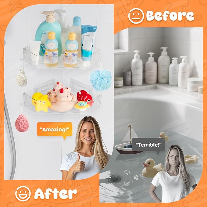 Bath Toy Storage Corner Adhesive Shower Caddy for Baby Bath Toys Bathtub Toy Storage Holder Organizer Large Capacity Acrylic Shower Shelves for Bathroom Babies Bathing Accessories Shelf, 2 Pack