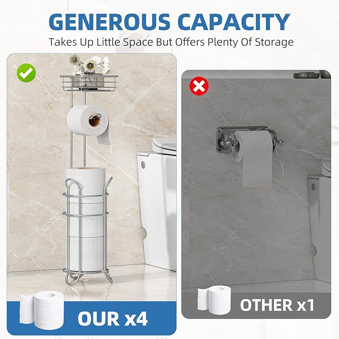 Simple Trending Toilet Paper Holder Free Standing,Toilet Paper Stand with Shelf for 4 Rolls, for Phones,Tissues,Wipes and Bathroom Toilet Paper Storage, Chrome