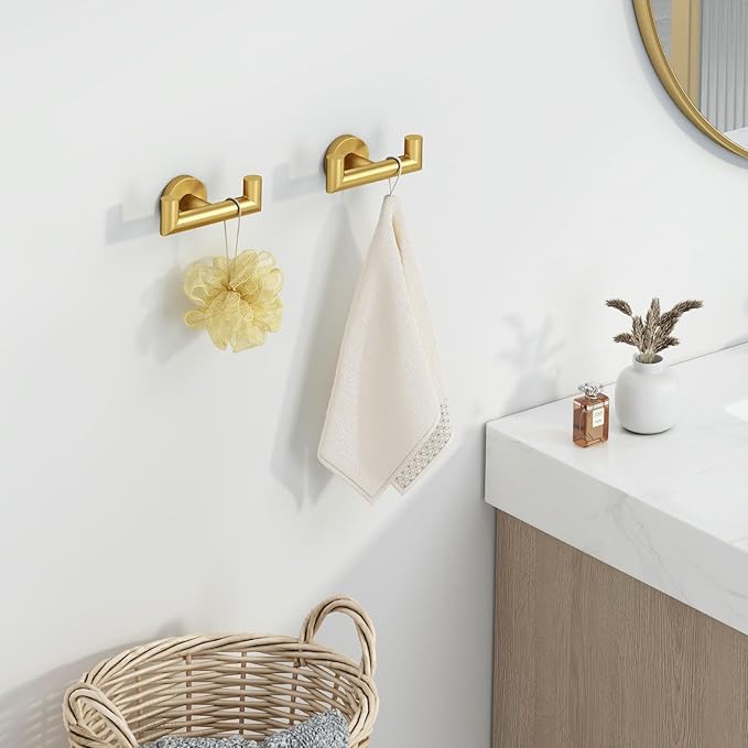 Angle Simple Towel Double Hook Brassy Gold 2 PCS, SUS304 Stainless Steel Bathroom Hand Towel Holder, Double Robe Hook, Wall Mount