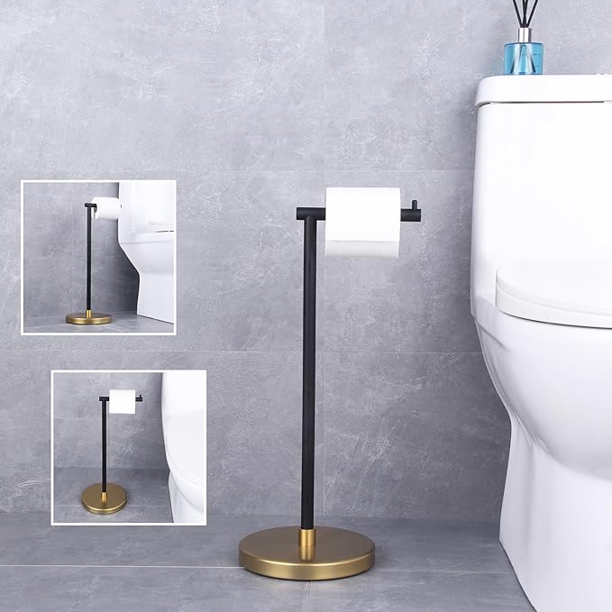 GERZWY Bathroom Toilet Paper Holder SUS 304 Stainless Steel Stand Modern Paper Towel Holder Free Standing for Countertop (Black & Gold) DZY002-BD