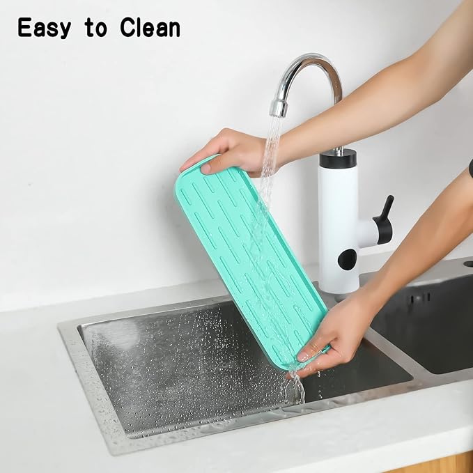 Silicone Kitchen Sink Organizer Tray for Multiple Usage,Eco-Friendly Sponges Holder for Kitchen Bathroom Counter or Sink,Dish Soap Dispenser,Scrubber,Bottle,Cup (Mint, 12"×4")