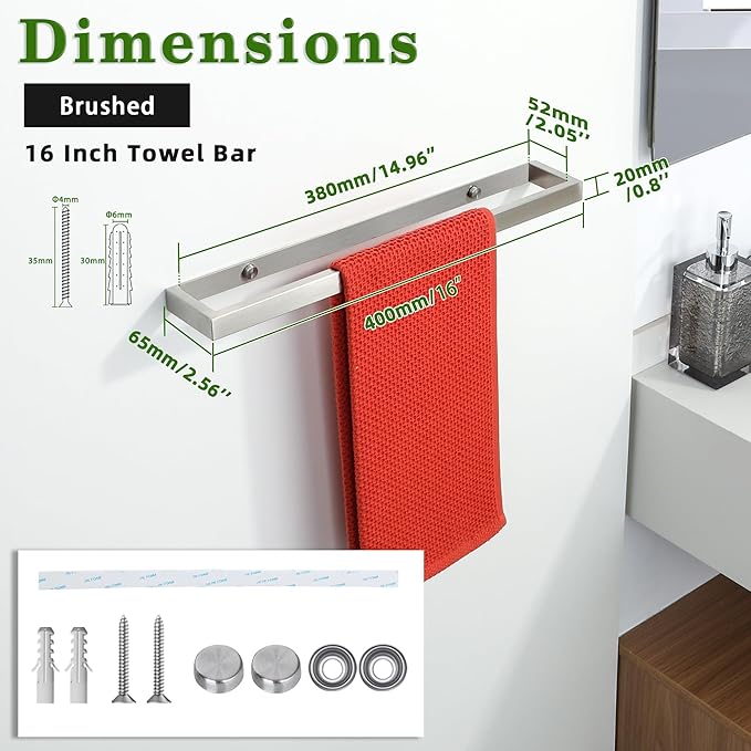 Alise Bath Towel Bar,Wall Mount Towel Holder Towel Rack Towel Hanger for Bathroom Lavatory,16 Inch SUS304 Stainless Steel Towel Rail,Brushed Finish