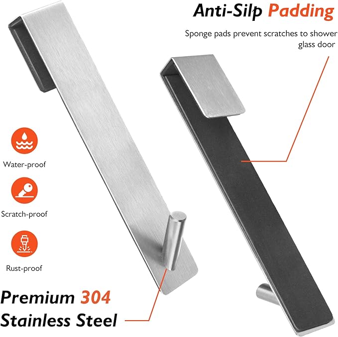 Shower Door Hooks(7.5 Inch),Extended Over Door Hooks for Bathroom Frameless Glass Shower Door,Stainless Steel Towel Hooks,Heavy Duty Rack Hooks for Robe,Towel-2 Pack-Silver