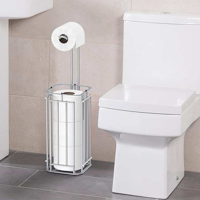Meangood Toilet Paper Holder Stand, Square Tissue Paper Roll Dispenser for 4 Mega Rolls, Bathroom Free Standing Tissue Roll Storage Holder Rack (Silver)