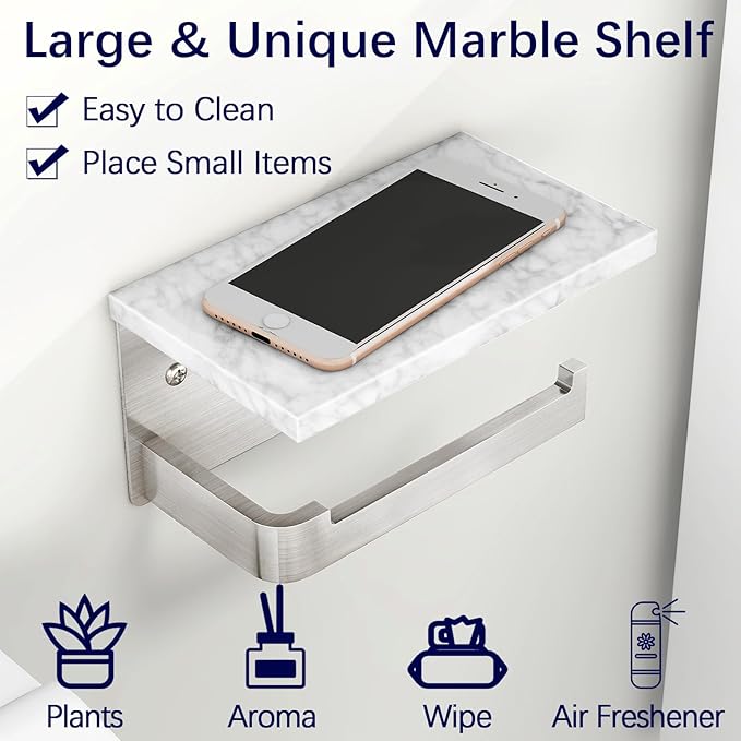 Toilet Paper Holder with Shelf, Extended Base Wall Mounted, Marble Toilet Roll Holder Brushed Nickel for Bathroom Washroom