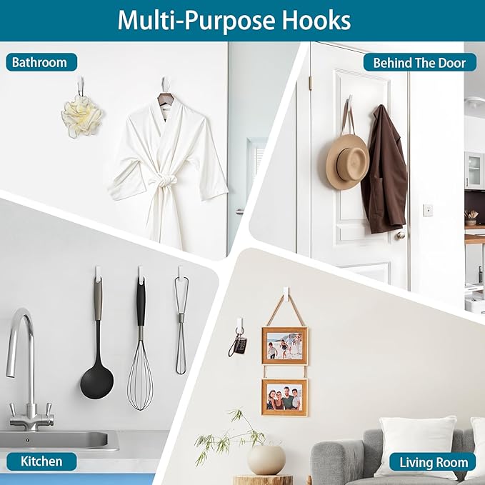 Heavy Duty Adhesive Hooks - No Drill Aluminum Alloy Wall Hooks for Bathroom, Kitchen, Tile & Glass, Waterproof Rustproof Bath Towel Hooks, Coats/Hats/Bags (4Pack)