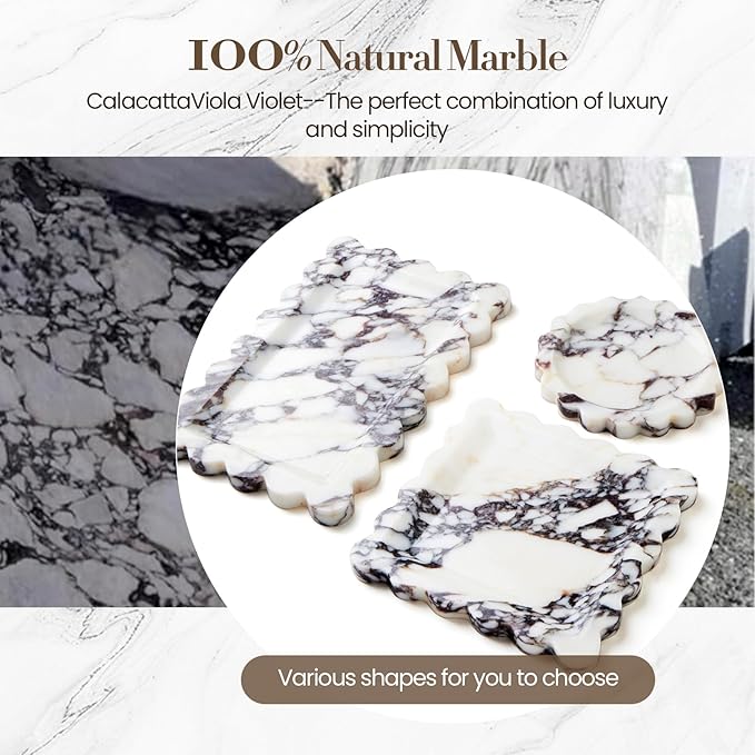 Calacatta Viola Scalloped Marble Tray, Natural Marble Jewelry Dish, Luxury Decorative Trays for Bathroom, Vanity, Dresser, Kitchen & Home Decor, House Warming Gifts New Home (Round, 6.3Inch)