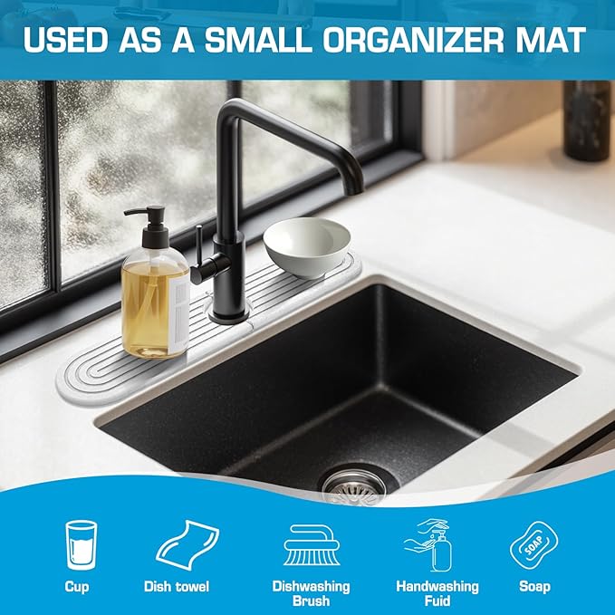Diatomite Stone Faucet Mat For Kitchen Sink-Absorbent Fast Drying Stone Sink Tray,Faucet Splash Guard Counter,Quick Dry Sink Mat Around Faucet For Kitchen & Bathroom (white-Oval,15.7" x 4")