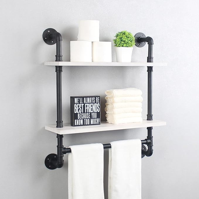 MBQQ Iron Pipe Shelves Industrial Bathroom Shelves with Towel bar,24in Rustic Metal Pipe Floating Shelves Pipe Wall Shelf,2 Tier Industrial Shelf Wall Mounted,Black & White