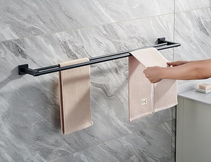 Miyili Matte Black Double Bath Towel Bar 36-Inch Stainless Steel Hand Towel Rack for Bathroom Wall Mount, A02B90B