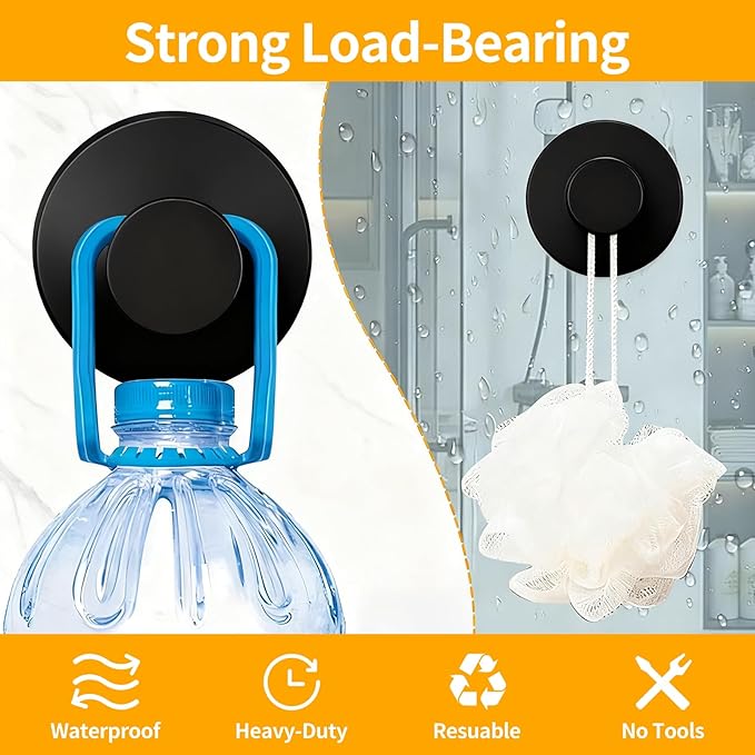 4 Pack Suction Cup Hooks, Removable Stainless Steel Drill-Free Heavy Duty Strong Suction, Reusable Waterproof Hooks for Bathroom Kitchen Mirror Tile Glass, Wall Hooks for Hanging Towels Keys(Black)