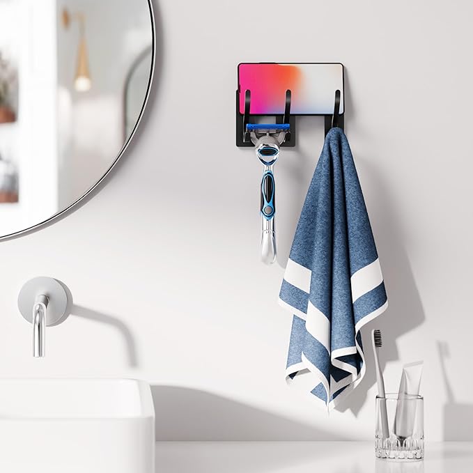Self Adhesive Towel Hooks: Extra Strong 13LB, Stainless Hook for Hanging Loofah, Towels, Coat, Bath Robe Bathroom Shower, Black, 4 Pack