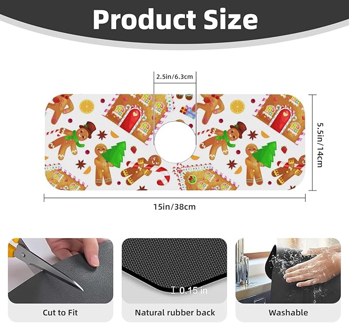 Christmas House Gingerbread Man Furits Kitchen Sink Splash Guard Faucet Mat 1 Pcs, Absorbent Fast Drying Mat Gadgets Splash Guard For Bathroom 15 X 5.5 Inches