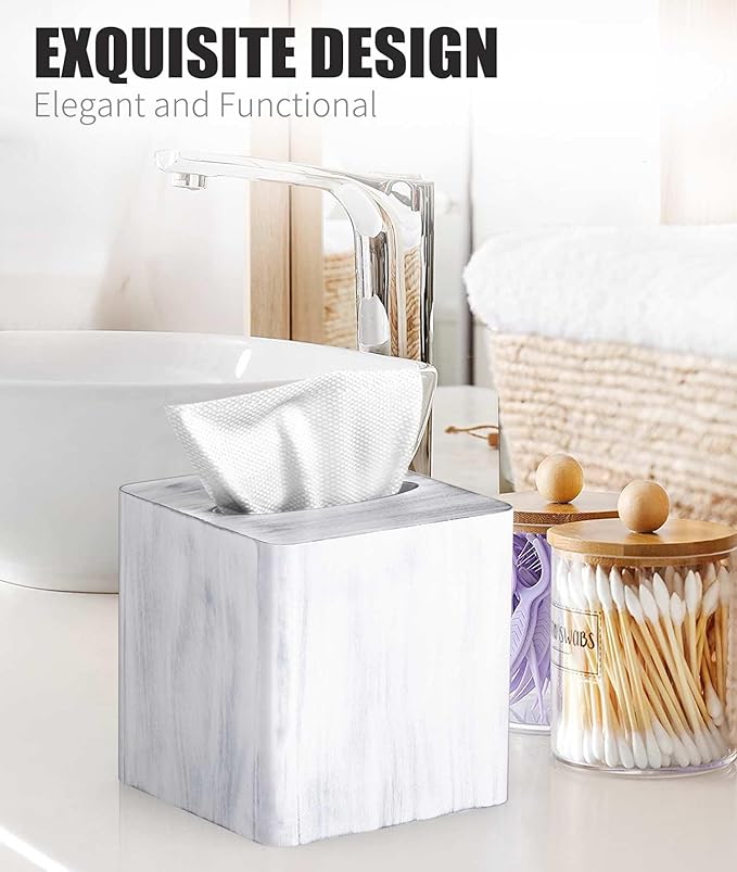 Livelab Tissue Box Cover Square - Oak Wood Tissue Box Holder for Living Room, Dinner Table, Bathroom, Office - Decorative Wooden Cube Facial Tissue Cover for Modern Farmhouse Home Decor | Whitewash